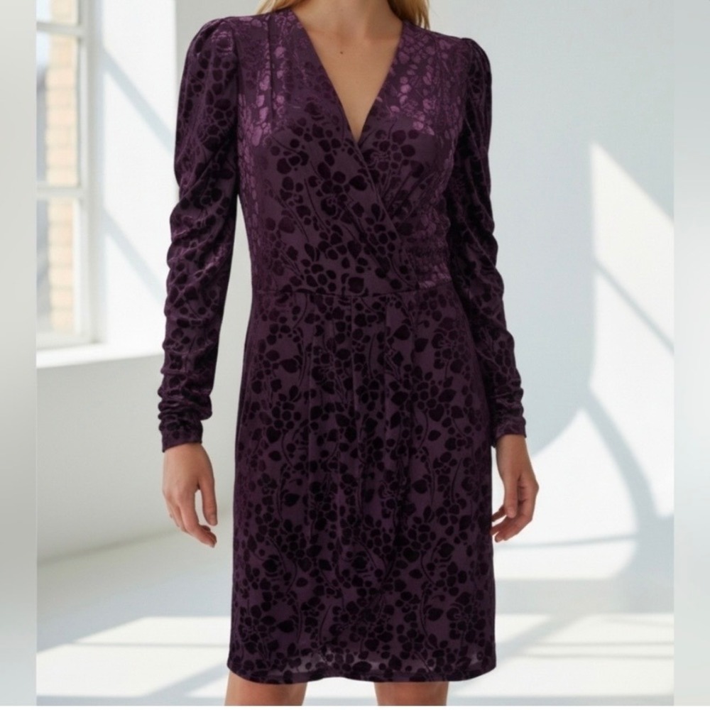 Tommy Hilfiger Plum Purple Burnout Velvet Faux Wrap Long Sleeve Dress Sz 10 Chic